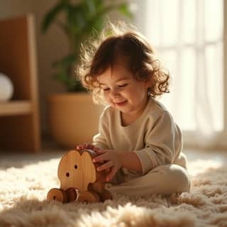 Niña sonriente de 2 años con ropa cómoda, jugando felizmente con un solo juguete de madera simple en una alfombra cálida y luminosa de un hogar español.