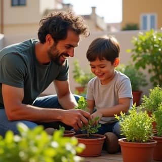 Padre e hijo pequeño de etnia gitana española, riendo y plantando juntos en un pequeño huerto urbano en la terraza de su piso.