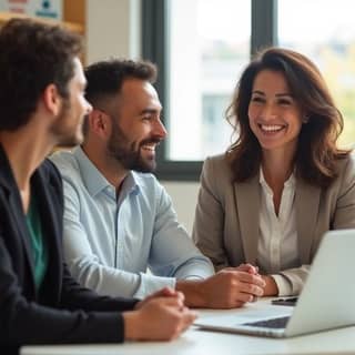 Padres dialogando con la directora de una guardería, en un ambiente cordial y profesional.