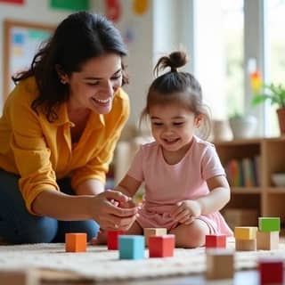 Niña con síndrome de Down sonriendo mientras interactúa con una educadora en un aula de guardería luminosa, rodeada de juguetes educativos.