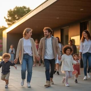 Grupo diverso de padres y madres sonriendo y charlando animadamente a la salida de una guardería moderna en España, con niños jugando alrededor.