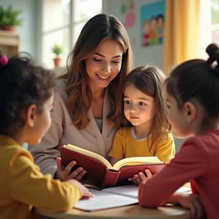 Educadora leyendo un cuento a un grupo de niños en una guardería