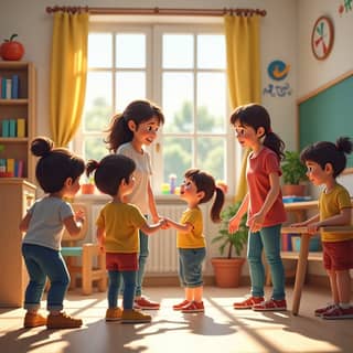 Niños y educadores interactuando en un aula de guardería