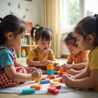 Niños jugando con bloques de construcción en una guardería española