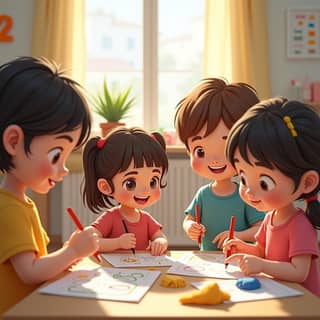 Niños realizando actividades de motricidad fina en una guardería con mobiliario moderno