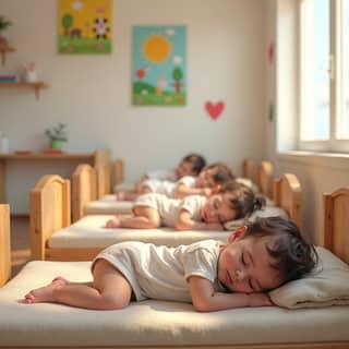 Niños durmiendo la siesta en una guardería española