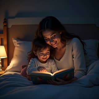 Madre y niño leyendo un cuento antes de dormir en una habitación infantil española