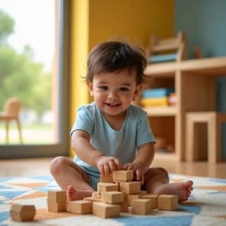 Un niño de 2 años sonriendo mientras juega con bloques de madera en una guardería española.