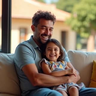 Un padre y su hija riendo y abrazándose en un salón acogedor de una casa española.