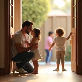 Padre sonriente agachado a la altura de su hija, abrazándola con cariño en la puerta de una guardería moderna en España, con otros niños jugando de fondo. Ambos tienen una conexión visual profunda.