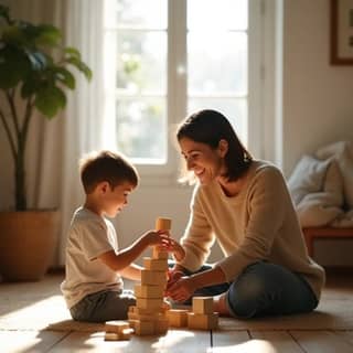 Madre e hijo de unos 4 años sentados en el suelo de un salón acogedor, construyendo una torre de bloques de madera. La madre sonríe y mira al niño con atención, mientras el sol entra por la ventana. Ambiente hogareño español.