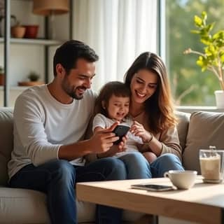 Familia multiétnica feliz (padre, madre e hija de 3 años) sentados en un sofá moderno en un salón luminoso. El padre guarda su smartphone en un cajón lateral de la mesa de centro, mientras la madre abraza a la niña que ríe. Ambiente cálido y moderno español.