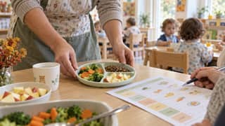 Educadora sirve lentejas cocidas, verduras y fruta preparada en el comedor de una escuela infantil