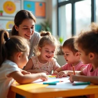 Niños pequeños participando en una actividad grupal en una guardería española, dibujando y riendo, con una educadora sonriente observándolos