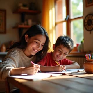 Familia multiétnica feliz, con padres e hijos de diferentes edades, sentados alrededor de una mesa de madera en un salón luminoso, escribiendo y dibujando en sus diarios de gratitud con lápices de colores