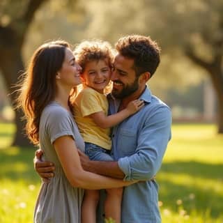 Una familia feliz y diversa (padres y dos hijos de diferentes edades) abrazándose y riendo en un parque soleado en España, simbolizando la unidad y el agradecimiento
