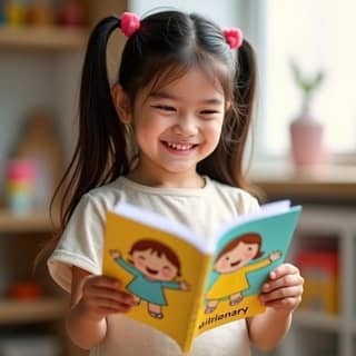 Niña sonriente con un libro de emociones ilustrado