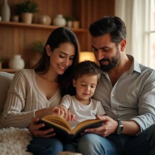 Padres y su hijo leyendo un libro de emociones en un salón acogedor
