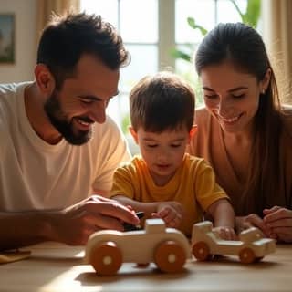 Familia española reparando un juguete de madera en casa, mostrando economía circular