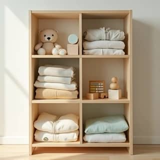 Ropa de bebé y juguetes de madera en una estantería organizada, listos para ser reutilizados o donados, en un ambiente luminoso y ordenado