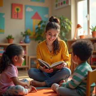 Educadora interactuando con niños en una guardería