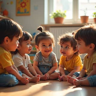 Grupo de niños en una guardería española, mostrando diferentes emociones