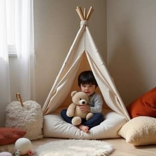 Niño abrazando a un peluche en un rincón de calma en la guardería, gestionando la frustración
