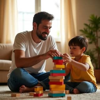Padre e hijo construyendo una torre de bloques con concentración y paciencia