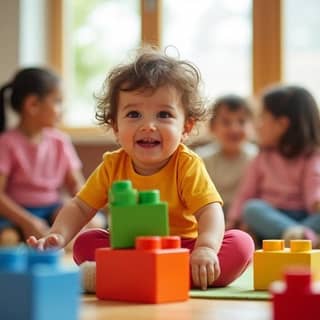 Un niño pequeño, de unos 2-3 años, con ropa cómoda y colorida, jugando felizmente con bloques de construcción en el suelo de una guardería luminosa, con otros niños desenfocados al fondo.