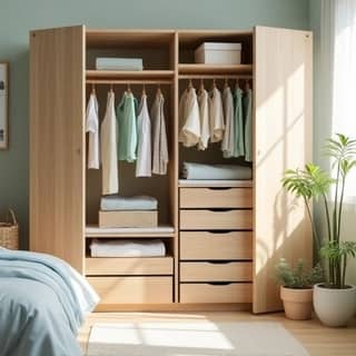 Un armario infantil de madera clara, abierto, con ropa de bebé y niño pequeño doblada y apilada ordenadamente en estantes y cajones, usando cestas de tela y separadores. Se ven prendas en tonos pastel y neutros. Ambiente acogedor y funcional.