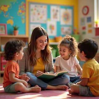 Una maestra jugando con niños en una escuela infantil española