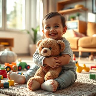 Un niño pequeño sonriendo y abrazando fuertemente un osito de peluche gastado en el salón de su casa, con mobiliario infantil y juguetes esparcidos.