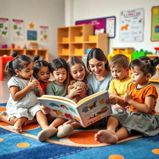 Un grupo de niños de diversas etnias, sentados en el suelo de una guardería moderna y colorida, con algunos de ellos abrazando sus objetos de apego (peluches, mantitas) mientras una educadora española les lee un cuento.