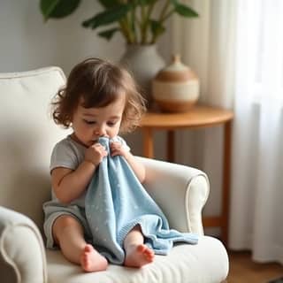 Niña pequeña oliendo una manta suave con una sonrisa en un salón acogedor, con tonos cálidos y mobiliario español.