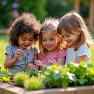 Niños jugando y oliendo flores en un jardín de guardería con ambiente luminoso y mobiliario natural.