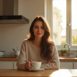 Una madre con una expresión serena, tomando un café en silencio en su cocina, mientras sus hijos están en la guardería. La luz de la mañana entra por la ventana.