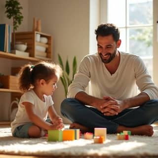 Un padre sonriente sentado en el suelo de una sala de juegos, observando a su hija pequeña que juega tranquilamente con bloques. La escena transmite paz y conexión.