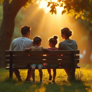 Una familia (padre, madre y dos niños pequeños) sentados en un banco en un parque arbolado al atardecer, con expresiones de paz y conexión, disfrutando de un momento de tranquilidad juntos.