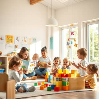 Niños jugando y aprendiendo en una guardería española