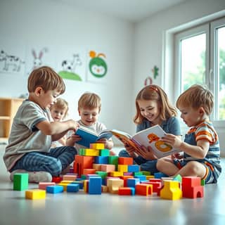 Educadora leyendo un cuento a un grupo de niños en una guardería