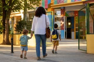 Familia caminando hacia la entrada de una escuela infantil con un niño mayor con mochila escolar