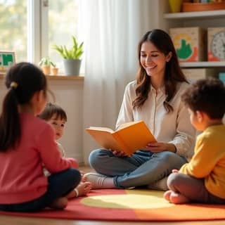 Niños en una guardería española, sentados en círculo, escuchando atentamente a su maestra que lee un cuento. La escena es cálida y acogedora.
