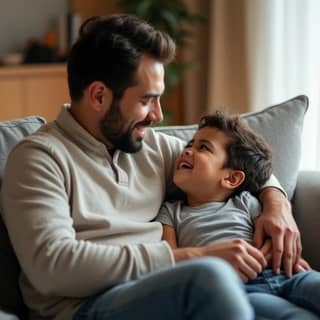 Un padre y su hijo pequeño sentados en el sofá de casa, mirándose a los ojos y sonriendo mientras conversan. La escena irradia conexión y calidez familiar.