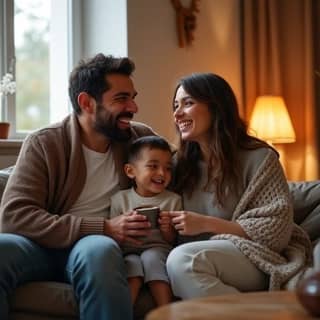 Una familia feliz (padres e hijo pequeño) sentados en el salón de su casa, riendo y charlando animadamente en una tarde de invierno, con una manta y tazas de chocolate caliente.