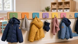 Perchero infantil con abrigos, gorros y manoplas colgados a la altura del niño en una escuela infantil
