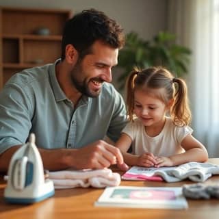 Padre e hija sonriendo mientras etiquetan ropa con etiquetas termoadhesivas para la guardería.