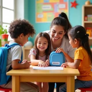 Maestra sonriente ayudando a un grupo de niños pequeños a organizar sus mochilas y objetos con etiquetas en una guardería española.
