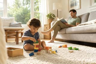 Niño pequeño jugando en casa con rutina tranquila de verano mientras un padre lee cerca