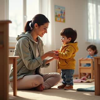 Educadora ayudando a un niño a vestirse en una guardería