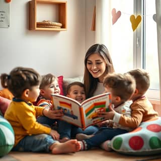 Educadora leyendo un cuento a un grupo de niños en una guardería